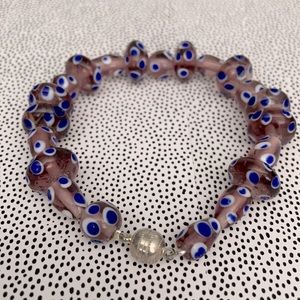 Greek Evil Eye Glass Bead Bracelet w Sterling Silver Magnet Clasp